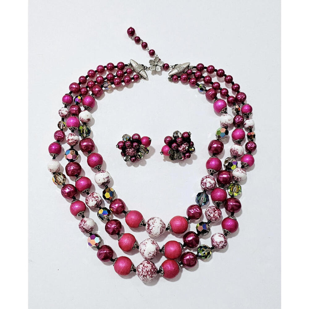Vintage 1950 Pink Vendome Three Strand Necklace and Clip On Earring Set
